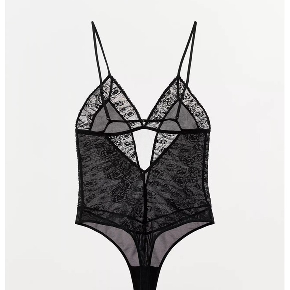 Pleated Lace Bodysuit with Floral Embroidery, Black, Zara, M, NWT - Picture 11 of 12